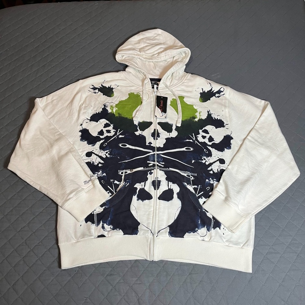 Vintage Y2K Marc Ecko Cut & Sew Skull Paint Splatter Full Zip Hoodie White XL